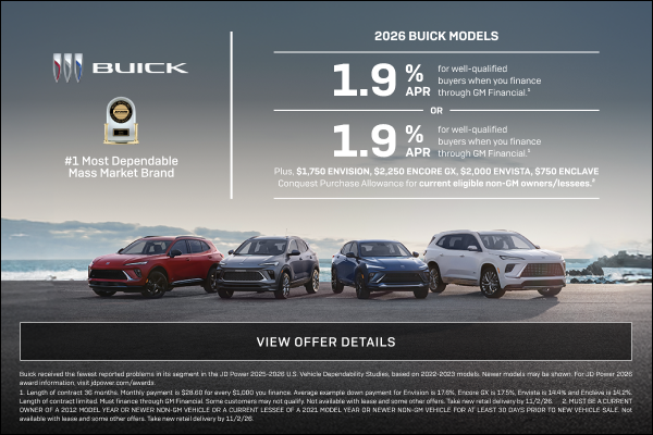 1.9% APR
FOR WELL-QUALIFIED BUYERS when you finance through GM Financial.1

Or

1.9% APR
FOR WELL...